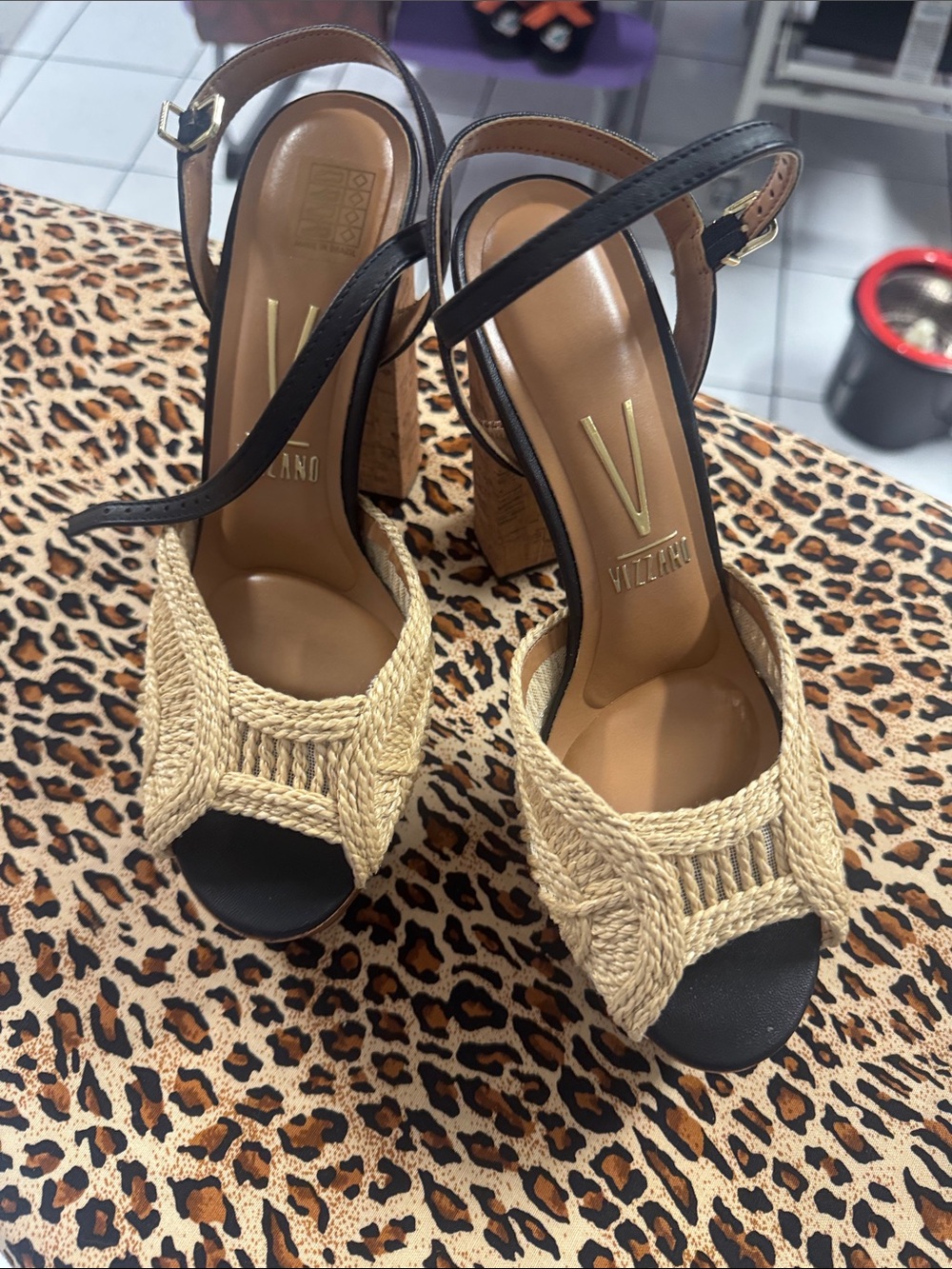 Vizzano Tan Woven Peep-Toe Block Heels with Black Straps